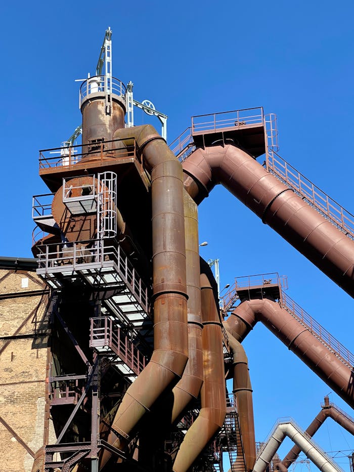 Vivid capture of Völklingen ironworks showcasing industrial architecture against a clear sky.